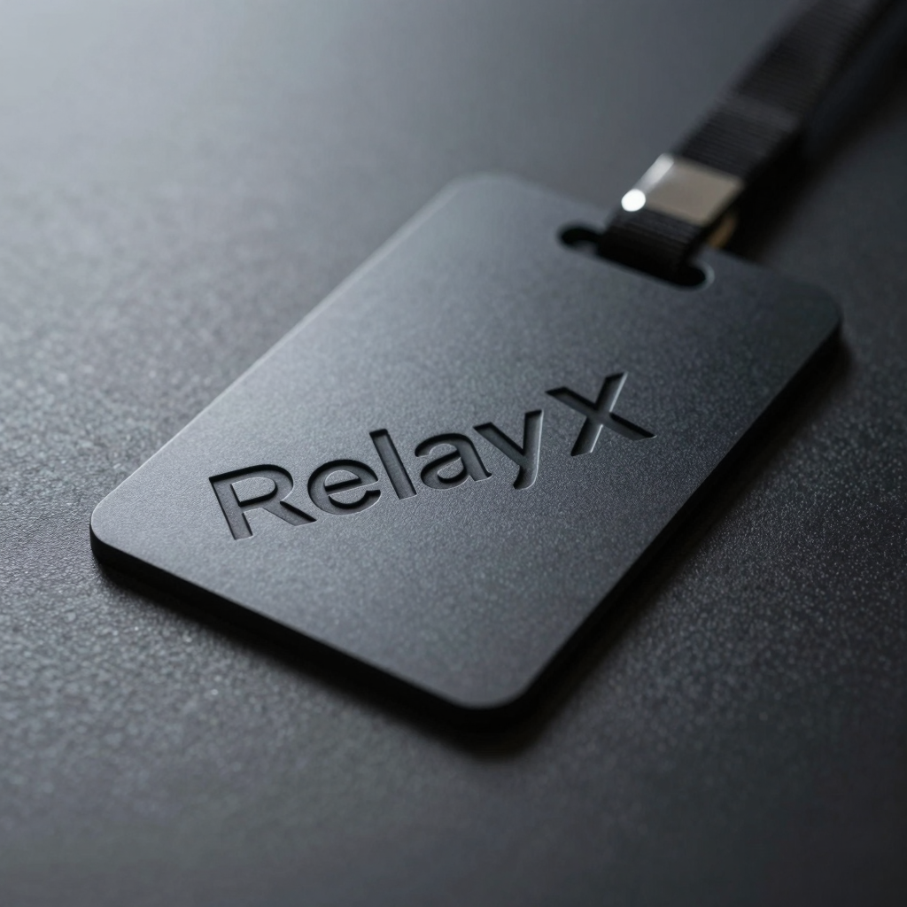 Generated image: a matte-black access card embossed with RelayX
